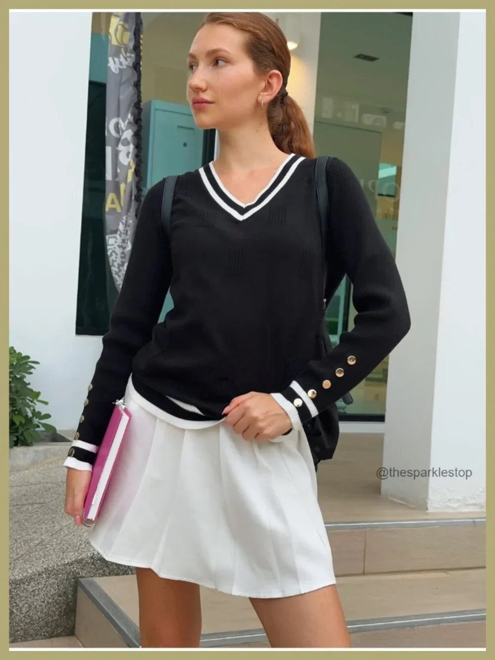 Women's V Neck Sweater Long Sleeve Knit Pullover Ribbed Top Button Cuff Work